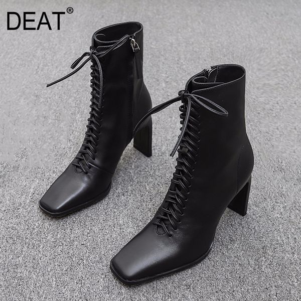 

deat] 2019 square toe bandage black pu leather velvet shoes women high heels short boots new autumn winter fashion tide 10f129