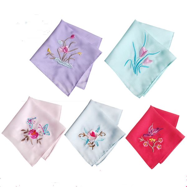 

decorative silk embroidery ladies vintage handkerchiefs wedding party favor fashion accessories small kerchief 26x26 cm, Black;blue