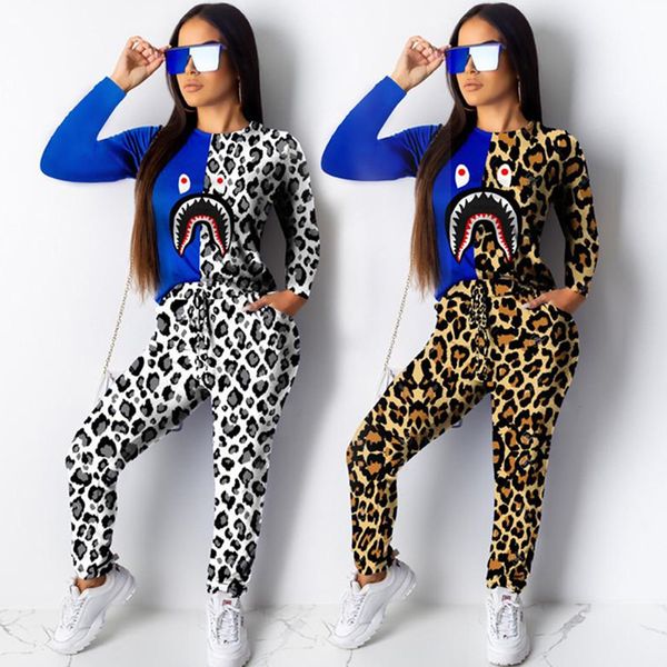 

leopard shark print t shirt tracksuit women long sleeve t-shirt sweatshirt + pants trousers 2 piece set patchwork design outfit suit s-2xl, White