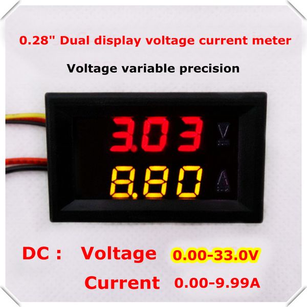 

rd new dual led display color car voltage current meter 0.28 digital ammeter voltmeter dc 0.00-33.0v/10a [4 pcs/lot