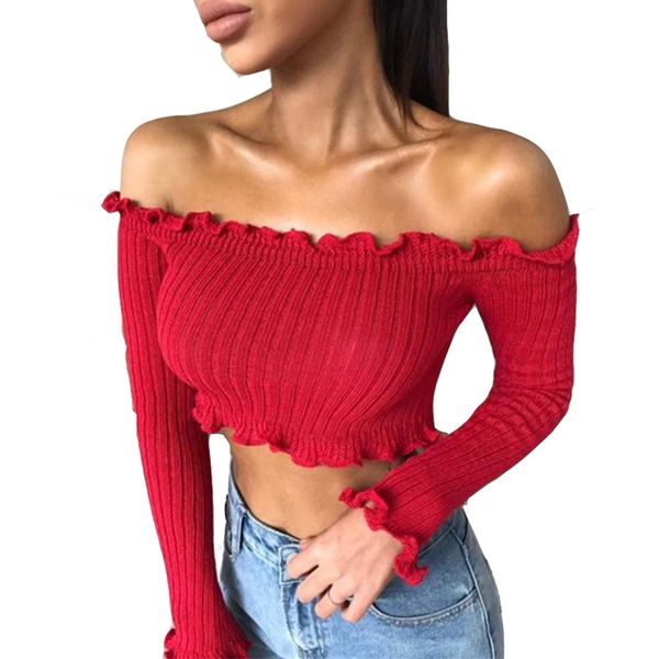 

woman shirt womens designer clothes off shoulder knitted women crop springlong sleeve slim nightclub cropped tees shirts, White