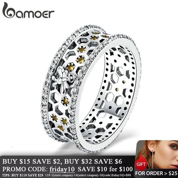 

bamoer 925 sterling silver queen bee hexagon clear cz big ring for women bee fashion jewelry s925 scr391 v191202, Slivery;golden