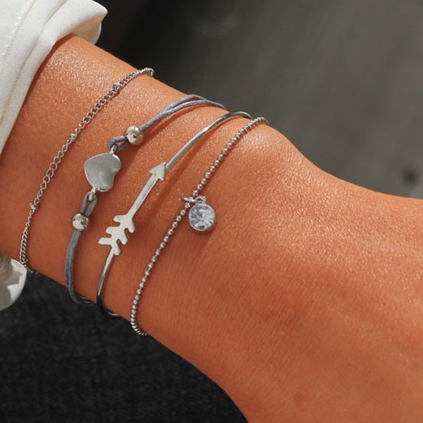 

4pcs/set bohemian heart bead rope bracelet bangles for women heart crystal arrow silver color beads bracelets sets jewelry gifts, Golden;silver