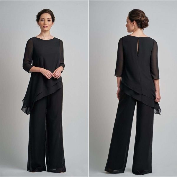 

black plus size pantsuits mother of the bride dresses outfit two pieces garment dress evening wear plus size pant suits for wedding, Black;red