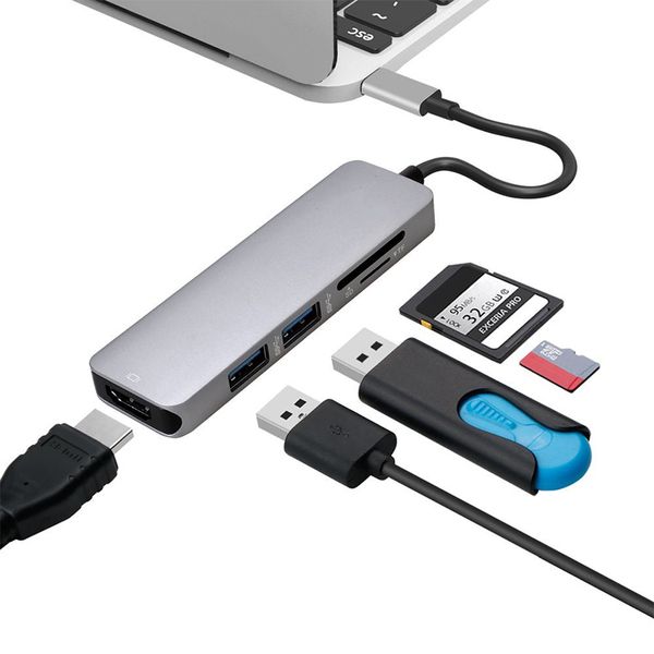 

5 в 1 usb-c usb hub c алюминиевый сплав type-c-концентратор адаптер 4k hdmi 2 порта usb 3.0 порты sd / tf чтения карт памяти для macbook