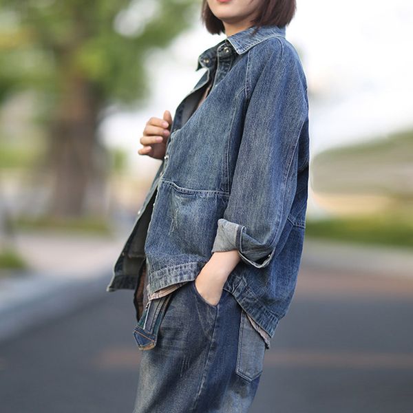 

johnature new korean simple leisure solid color pockets turn-down collar denim coat 2019 autumn all-match comfortable women coat, Black;brown