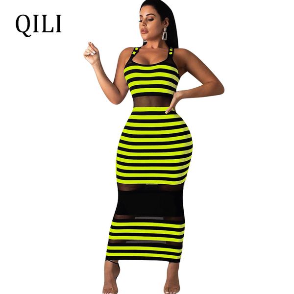 

qili summer striped tank sleeve dress women pencil bodycon dresses mesh patchwork slim dresses party club dress vestidos 2xl, Black;gray