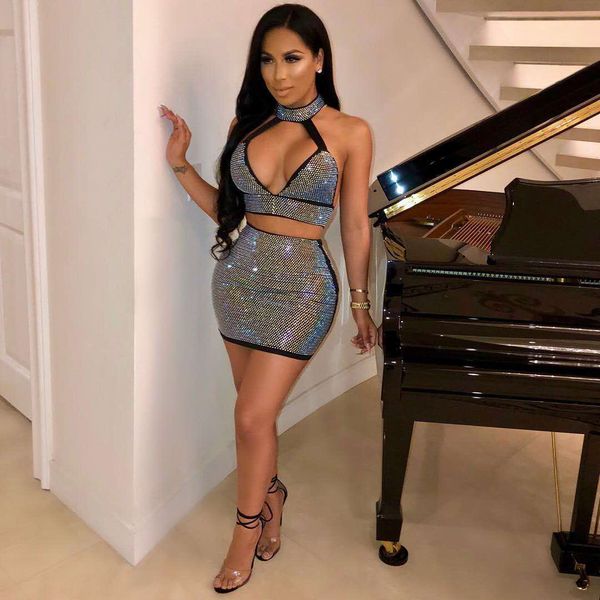 

halter diamond skirt 2 two piece set 2019 summer women fashion milk silk deep v-neck solid party club streetwear sets, White