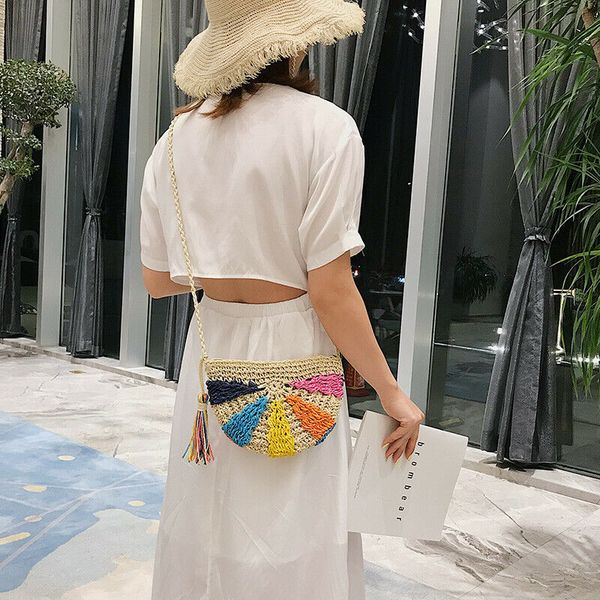 

color patchwork woven rattan bag round straw shoulder bag small beach handbags women summer hollow handmade messenger bags