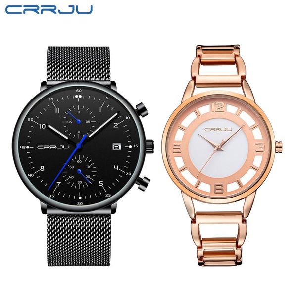 

crrju quartz lovers watches fahsion men and women calendar week steel mesh quartz hodinky hombre couple watch, Slivery;brown