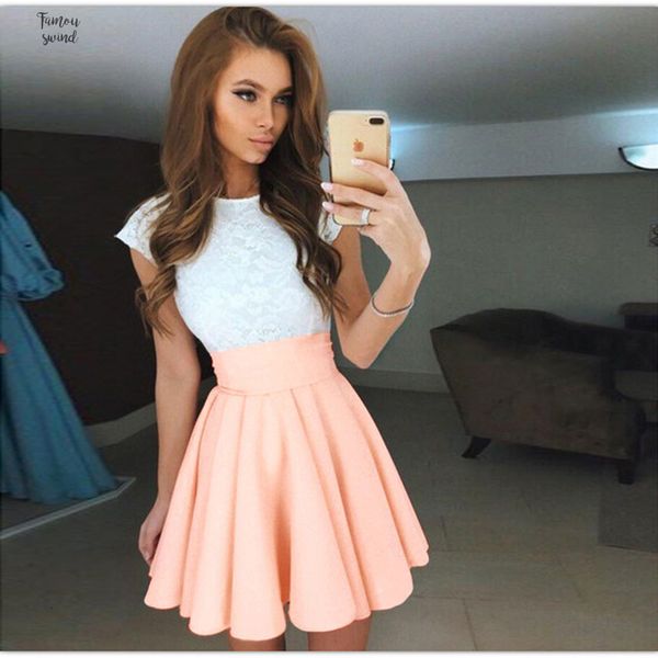 

lace dress 2019 vestidos summer beach women dress cute short sleeve dresses a line mini party dress, Black;gray