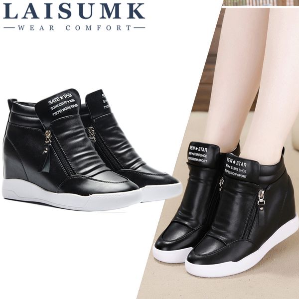 

laisumk 2019 summer/autumn platform wedge heel boots women shoes with increased platform sole female fashion casual zip botas, Black