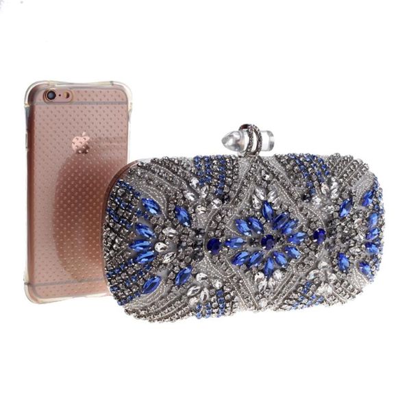 

luxury rhinestone beaded clutch purse elegant blue sac main femme evening bags wedding clutch handbag metal chain shoulder bags