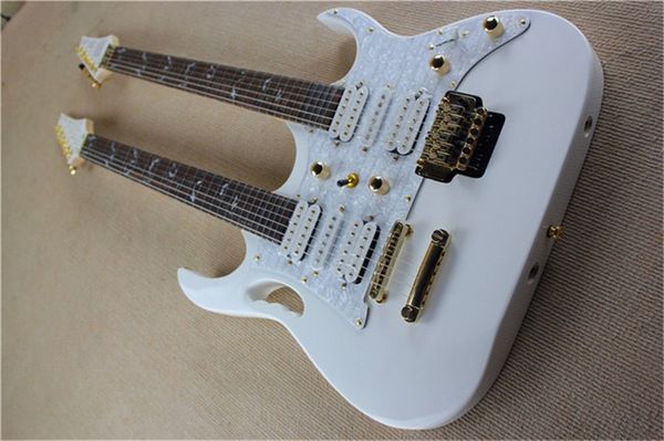 

double neck white body 6 strings electric guitar with tremolo bridge,golden hardware,white pearl pickguard,can be customized
