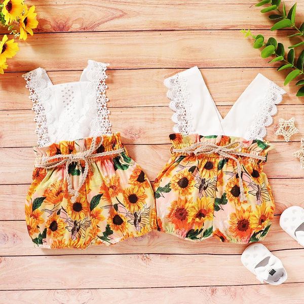 

toddler kids baby girl lace sunflower romper bodysuit jumpsuit outfit clothes, White