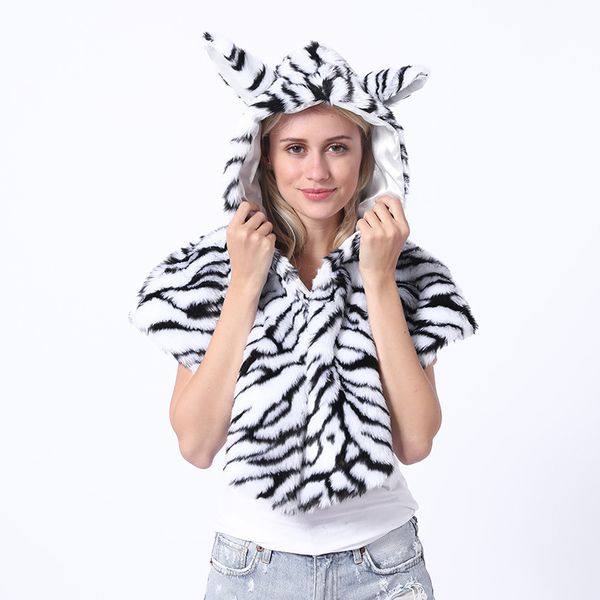 

2019 new hooded faux fur shawl cloak animal fur cloak shawl men's and women's universal nv100, Black