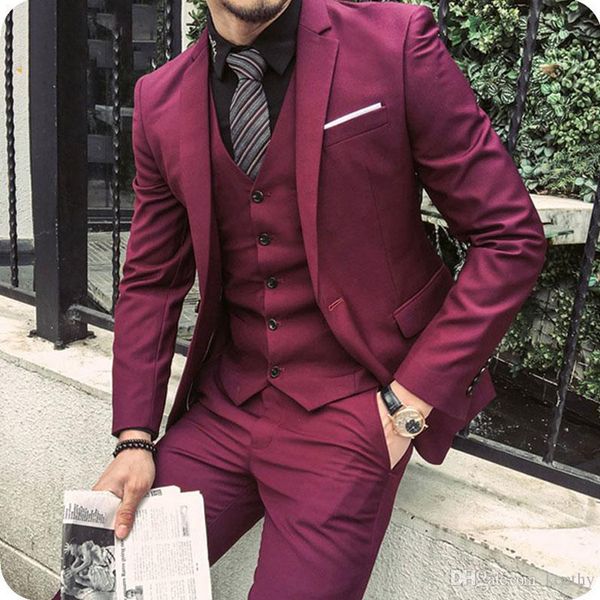 

burgundy men wedding suits three pieces(jacket+vest+pants) one button formal tuxedos notched lapel formal blazer, Black;gray