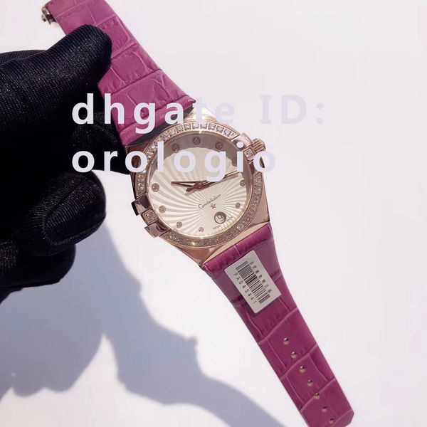 

luxury women diamond watches 35mm fashion stainless steel case leather strap wristwatches 5atm waterproof montres de luxe pour femmes, Slivery;brown