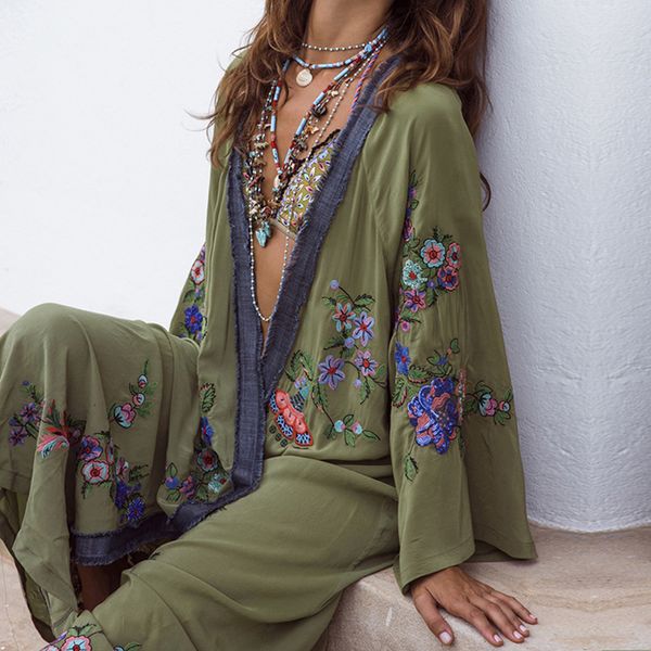 

2019 summer floral embroidered beach maxi dress bishop long sleeve for women vintage boho chic style loose cover up long dresses, Black;gray