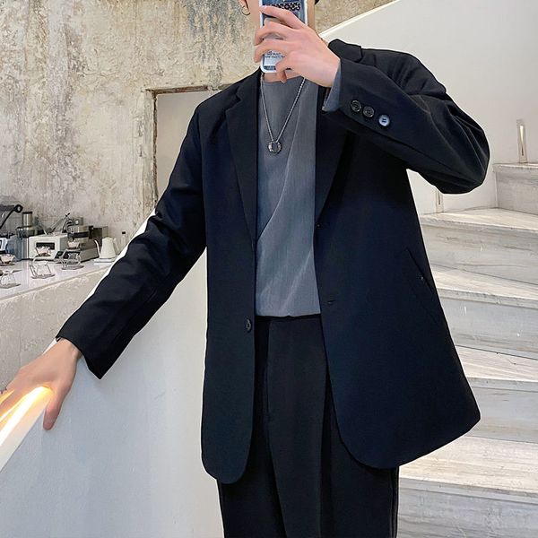 

2020 spring and autumn new youth popular british style men's solid color double-breasted suit fashion casual loose top, White;black