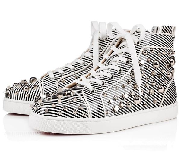 

fashion brand black and white striped patent leather high-red bottom sneakersh studs spikes trainers men's red sole ing