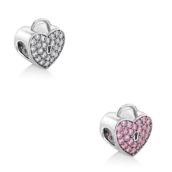 

beautiful 925 silver heart lock cubic zirconia 11x1 bead charm, Blue;slivery