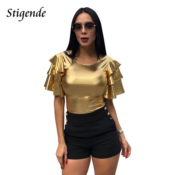 

stigende cascading ruffle party blouses women summer ruffles shirt blouse ladies short sleeve o neck gold blouse shirt, White