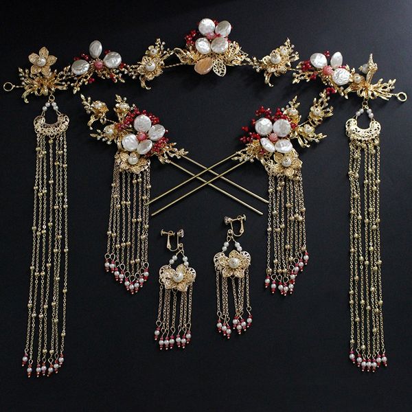 

chinese tassle flower orient style bride's headdress handmade hairbands wedding hair accessories, White;golden