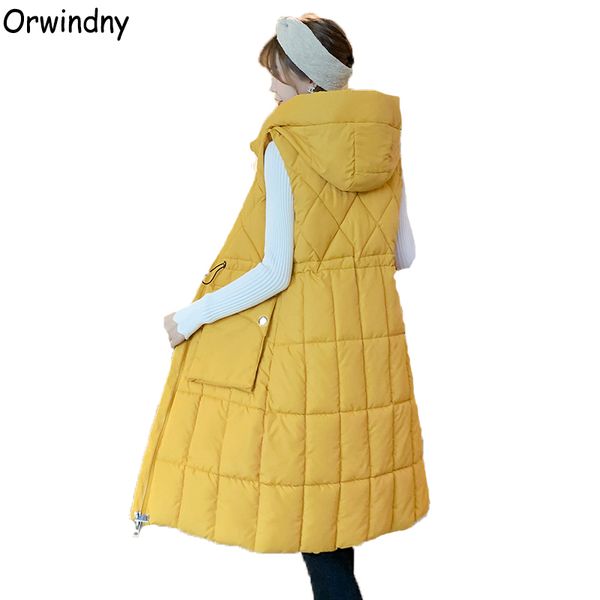 

orwindny thick warm vest for women drawstring slim fashion long waistcoat hooded female jacket sleeveless down cotton parka, Black;white