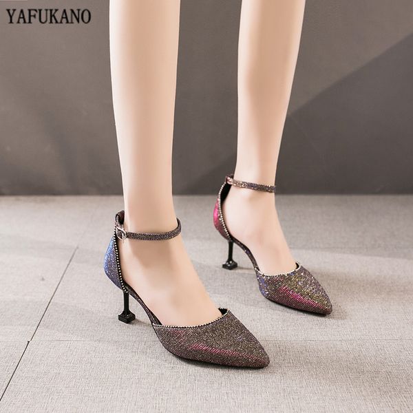 

sandals bling high heels 2021 summer lady shoes fashion pointed toe middle hollow womens pumps party dress thin, Black