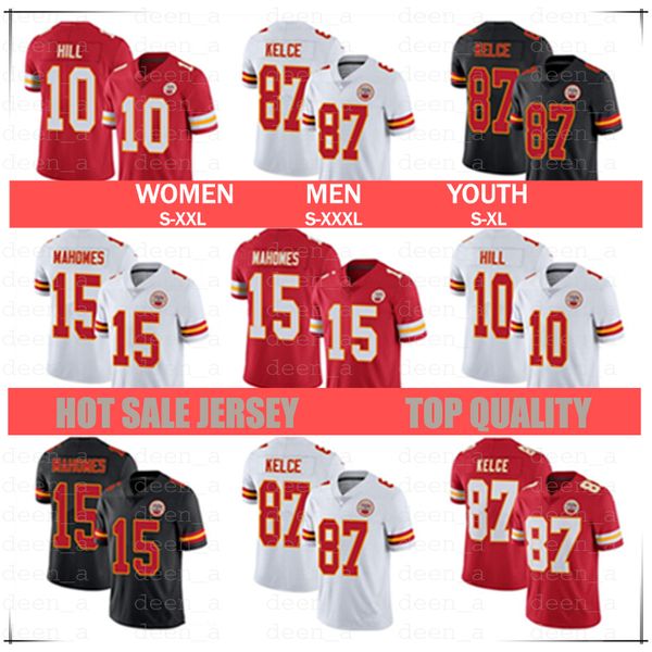 

men women youth kansas city jersey 10 tyreek hill 15 patrick mahomes 87 travis kelce chief football jerseys white red black, Black;red
