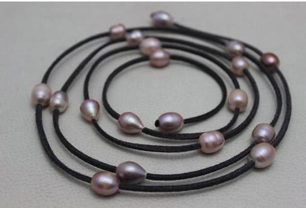 

new arriver leather pearl jewelry dark gray leather natural purple freshwater pearl necklace 10x12mm 48 inches, Silver
