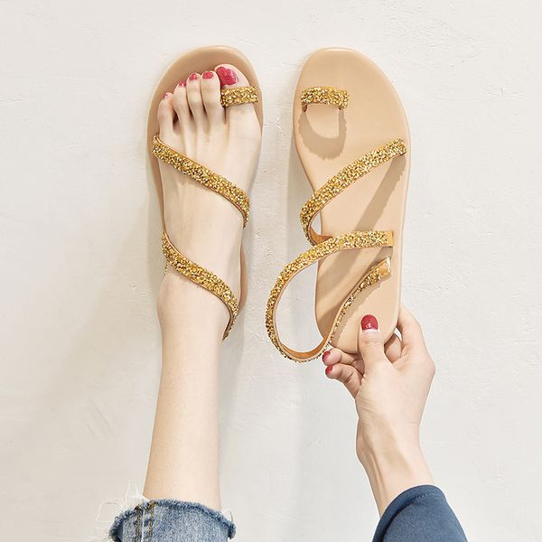 

wigqcy women's sandals casual shoes new fashion summer sandals bohemian crystal pearl flat casual shoes mujer d267, Black