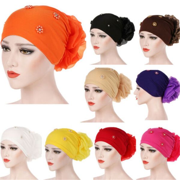 

2019 muslim women flower pearl solid cancer hat chemo cap hair loss head scarf turban wrap, Blue;gray
