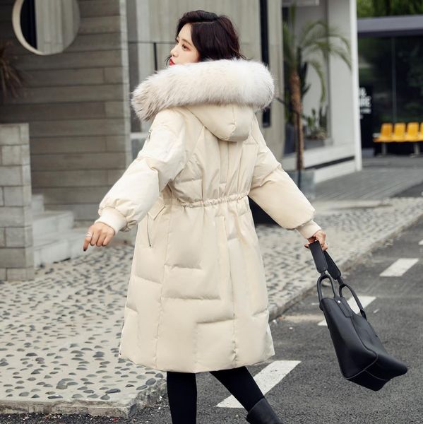 

winter big real fur collar hooded white duck down coats female fluffy real fur thicker warm longer down coats wq2225 wholesale, Black