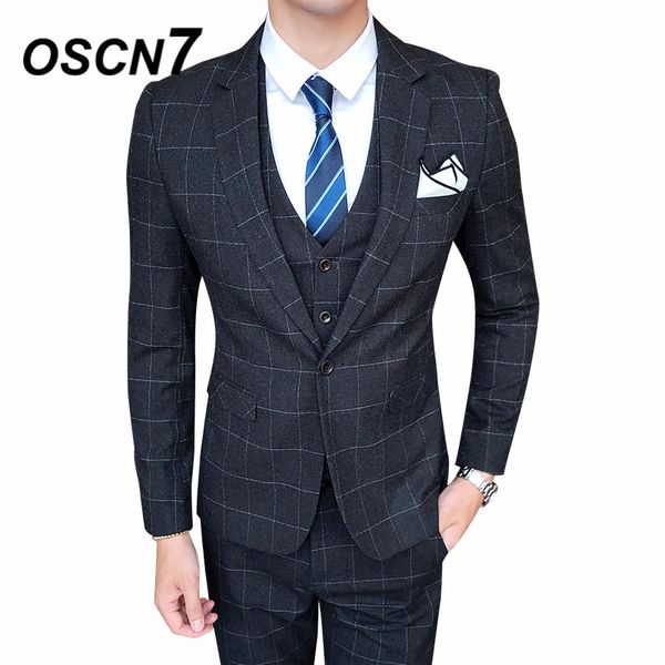 

oscn7 casual business chcek 3 piece suit men 2019 wedding dress plaid suits for men party gentleman w6175 three piece, White;black