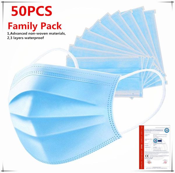 

50pcs lot disposable anti fog face mask 3 layer dust mouth masks cover 3-ply non-woven disposable dust mask soft breathable outdoor part, Blue;white