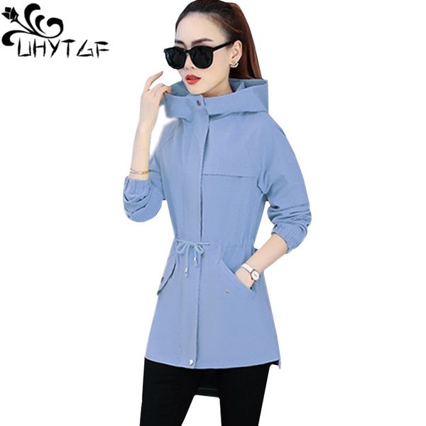 

uhytgf trench coat for women mid-length casual spring autumn windbreaker female fashion hooded zipper loose plus size coats 1478, Tan;black