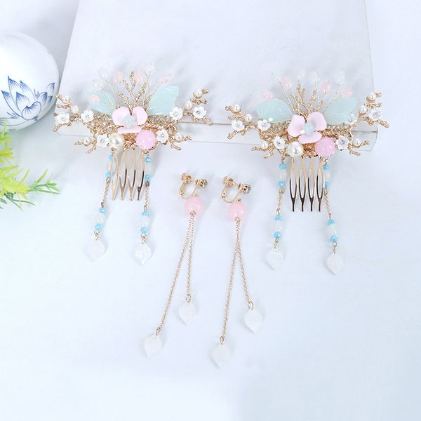 

bridal tiara headdress tassel classical step shake hair comb chinese-style elegant earring hair accessories set, Golden;white