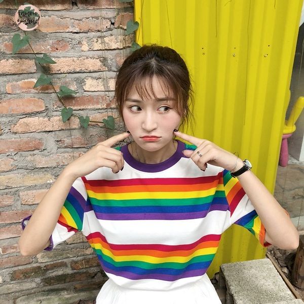 

streetwear футболка regenboog kleur strepen crew neck vrouwen повседневный zomer половина mouw losse regenboog gestreepte футболка tee top, White