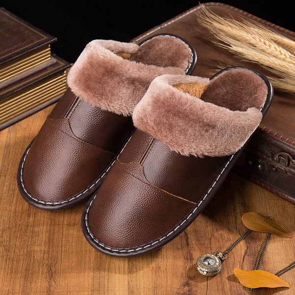 

coslony new winter men genuine leather slippers fur warm plush leather stitching slides oxford flat man home waterproof shoes, Black