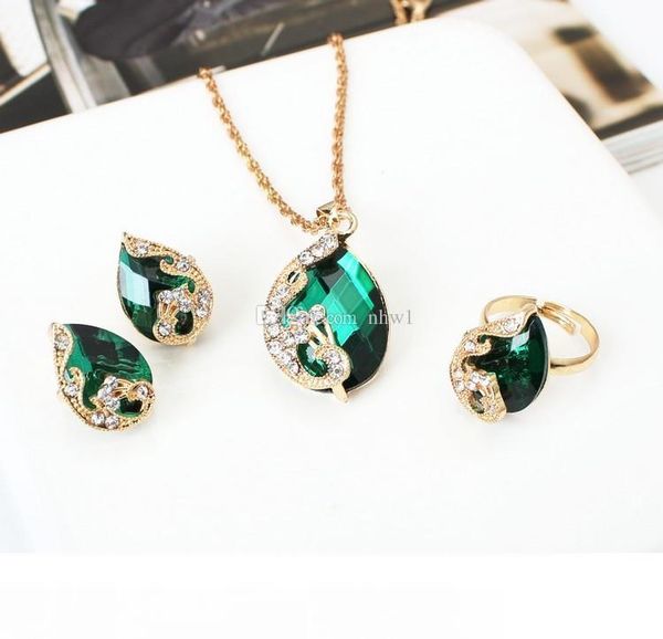 

2016 fashion crystal jewelry sets for women teardrop water drop bib statement necklace pendants earring ring three-piece jewelry, Silver