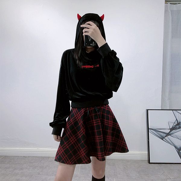 

japanese spring harajuku devil wings hoodies sweatshirt autumn winter punk gothic hoodies female casual streetwear pullover, Black