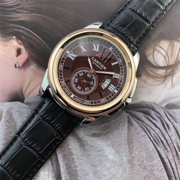 

2020 new luxury brand men's watch luxury fashion rose gold case stainless steel calendar watch luxury leather quartz watch, Slivery;brown