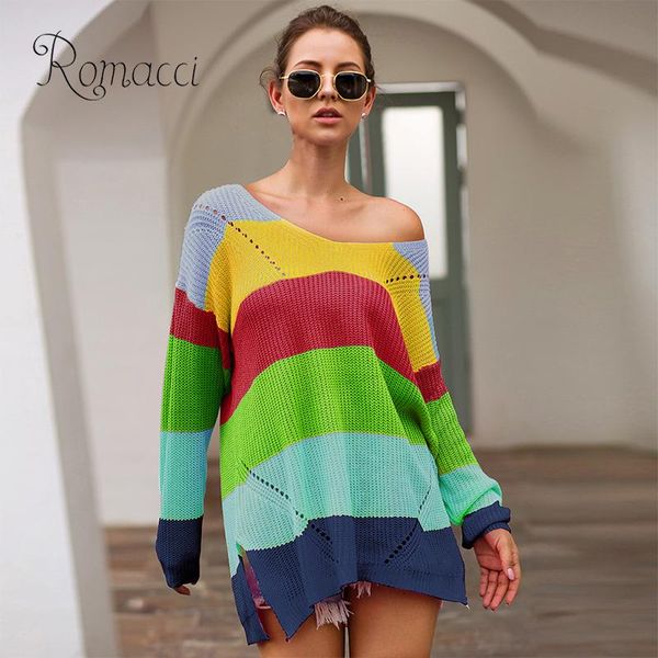 

women sweater multicolor colorful stripes dropped shoulder splits hollow out long sleeve cool loose pullover lady sweater mujer, White;black