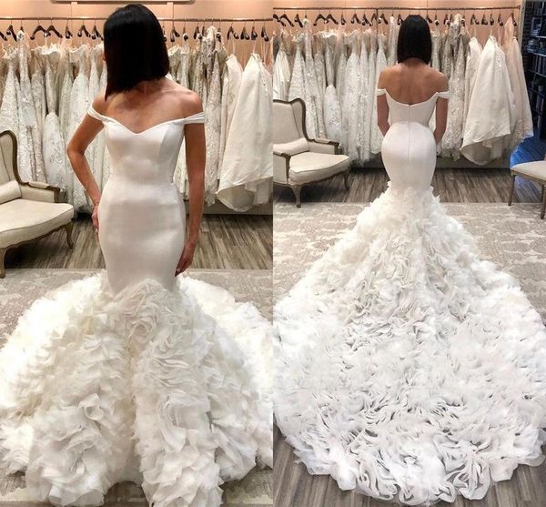 

elegant plus size mermaid off shoulder wedding dresses cascading ruffles floor length long wedding dress bridal gown vestidos de noiva, White