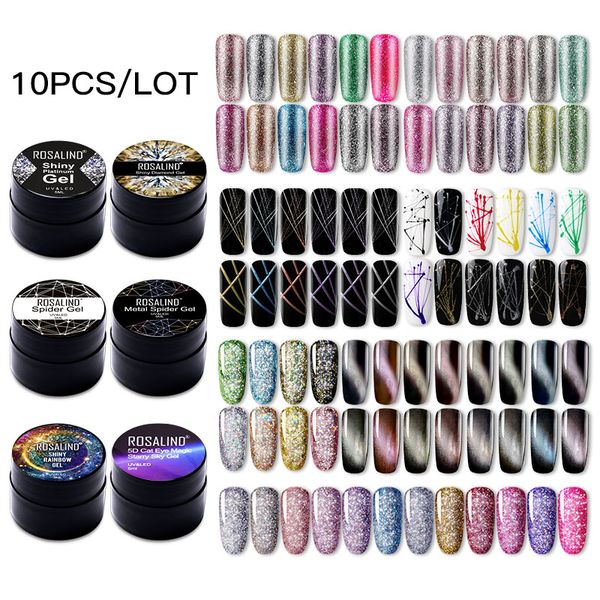 

choose 10)rosalind 5ml gel nail polish set glitter color soak off uv nail art manicure primer nails gel polish varnish kit