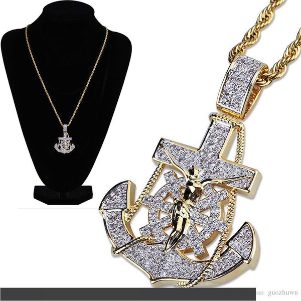 

new 18k gold plated iced out cublic zirconia vintage anchor pendant necklace twist chain 2 colors hip hop punkrock jewelry gifts for guys, Silver