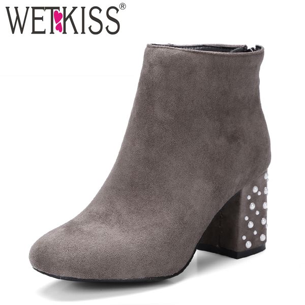 

wetkiss pearl high heels women ankle boots zip square toe footwear flock female boots shoes woman 2018 winter plus size 33-47, Black