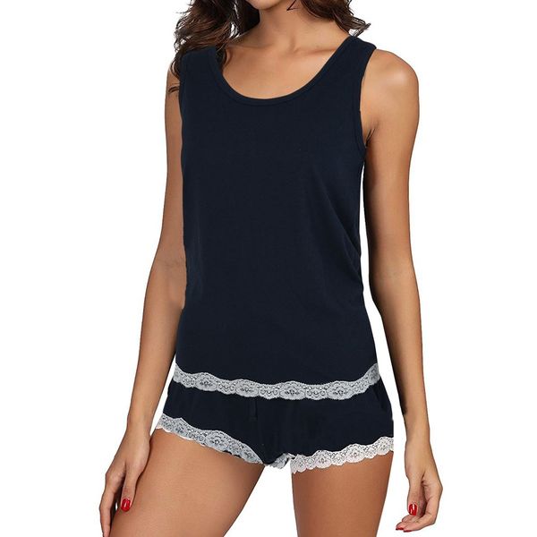 

womens pajama set lace sleeveless solid color soft sleepwear sets ladies bambootank and shorts set, Blue;gray